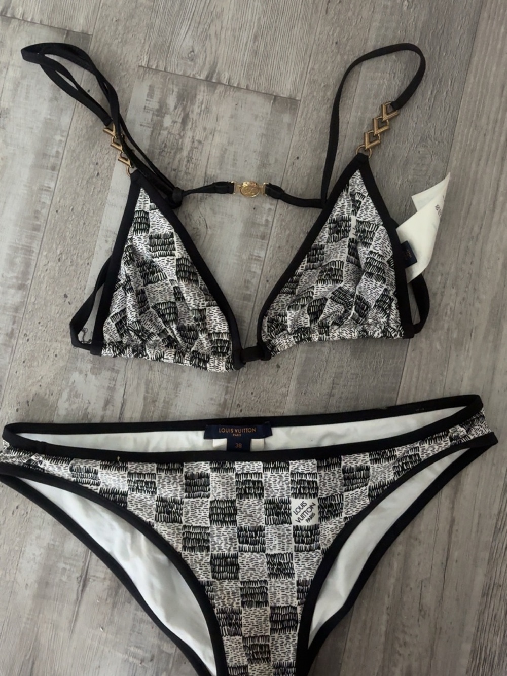 Louis Vuitton Black & White Checker Triangle Bikini with Gold Hardware